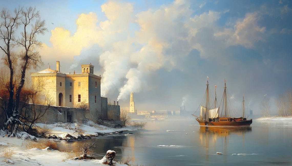 Winter River Landscape Romantic Historic Building Snowy Scene Poster