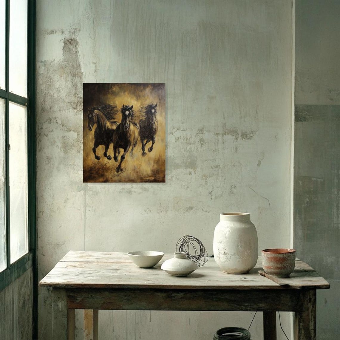 Three Galloping Horses Bold Earthy Tones Dramatic Art Poster - Image 2