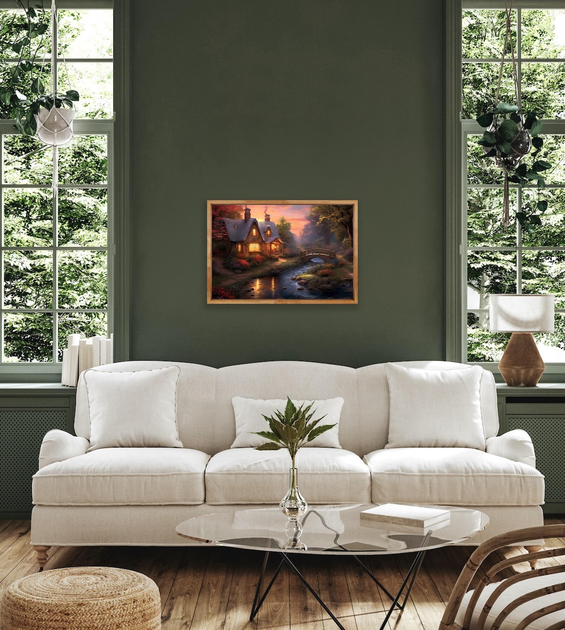 Storybook Stone Cottage Sunset Stream Wooden Bridge Garden Poster - Image 2