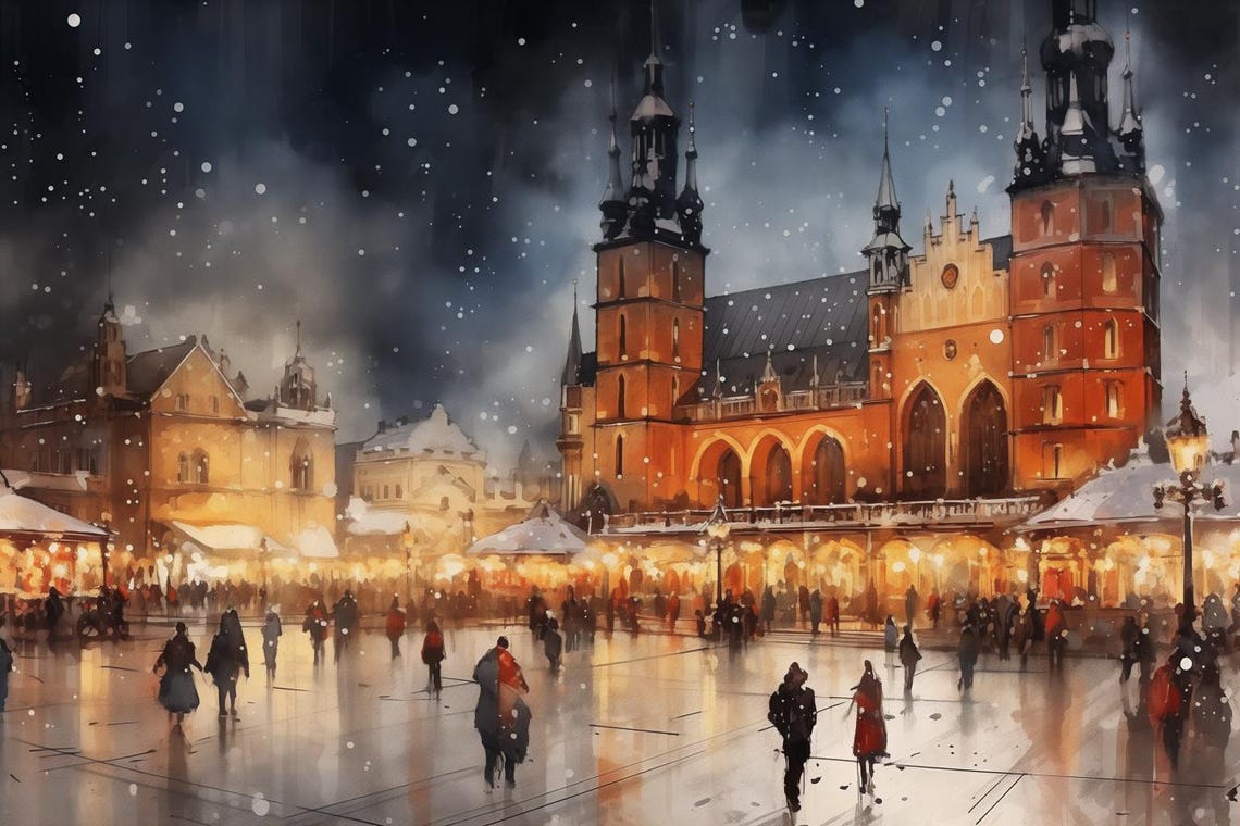 Snowy Winter Cityscape Market Square at Night Warm Lights Art Poster