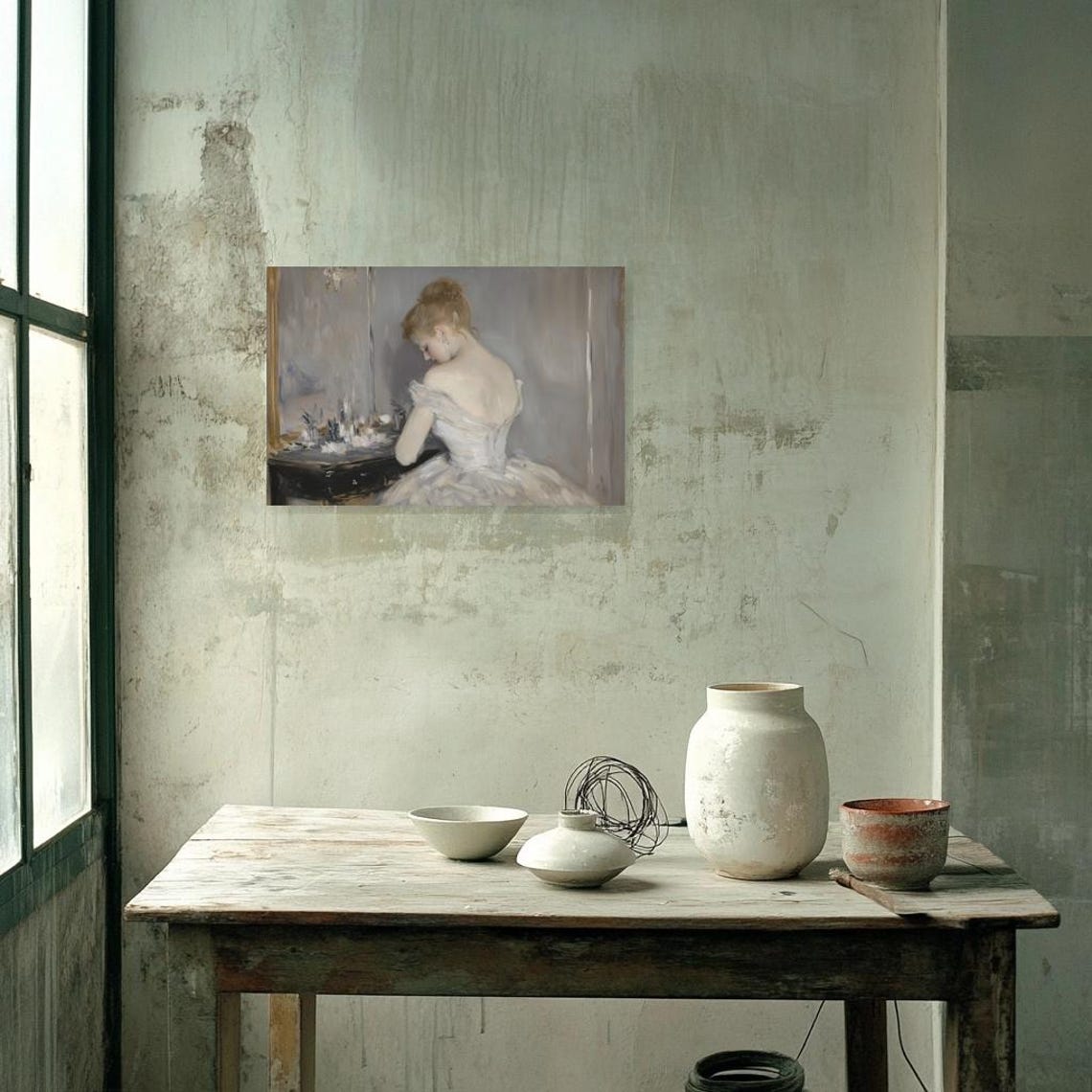 Impressionist Woman in White Dress at Her Vanity Mirror Poster - Image 2