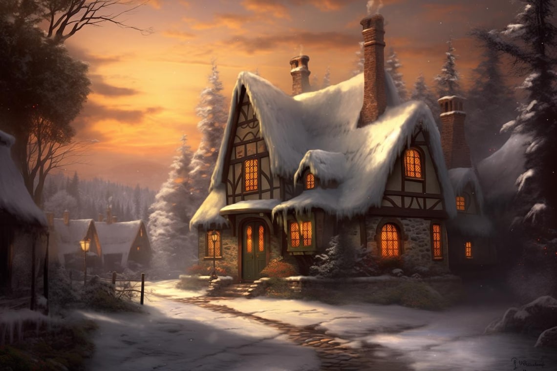Snowy Tudor Cottage Glowing Sunset Winter Storybook Village Poster