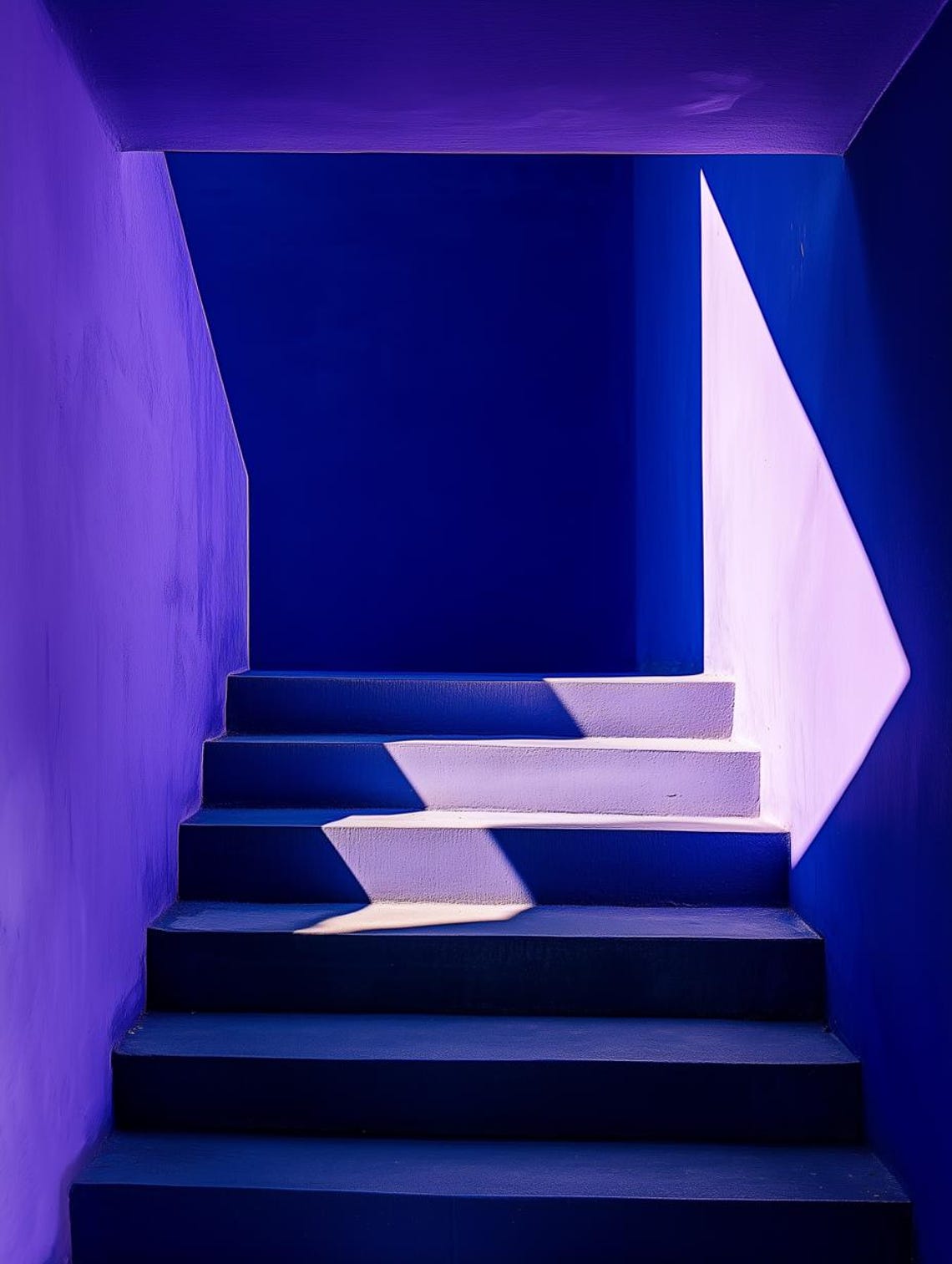 Cobalt Blue Staircase with Dramatic Sunlight and Shadow Poster