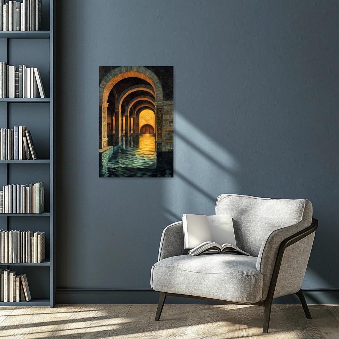 Flooded Ancient Vaulted Stone Hall Bathed in Warm Golden Light Poster - Image 2