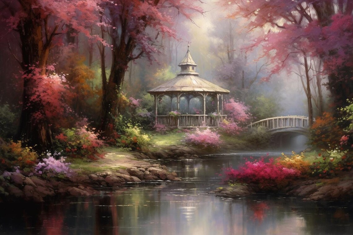 Floral Gazebo By Stream Pink Blossom Garden Dreamy Painting Poster