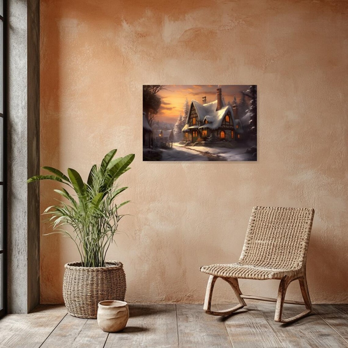 Snowy Tudor Cottage Glowing Sunset Winter Storybook Village Poster - Image 3