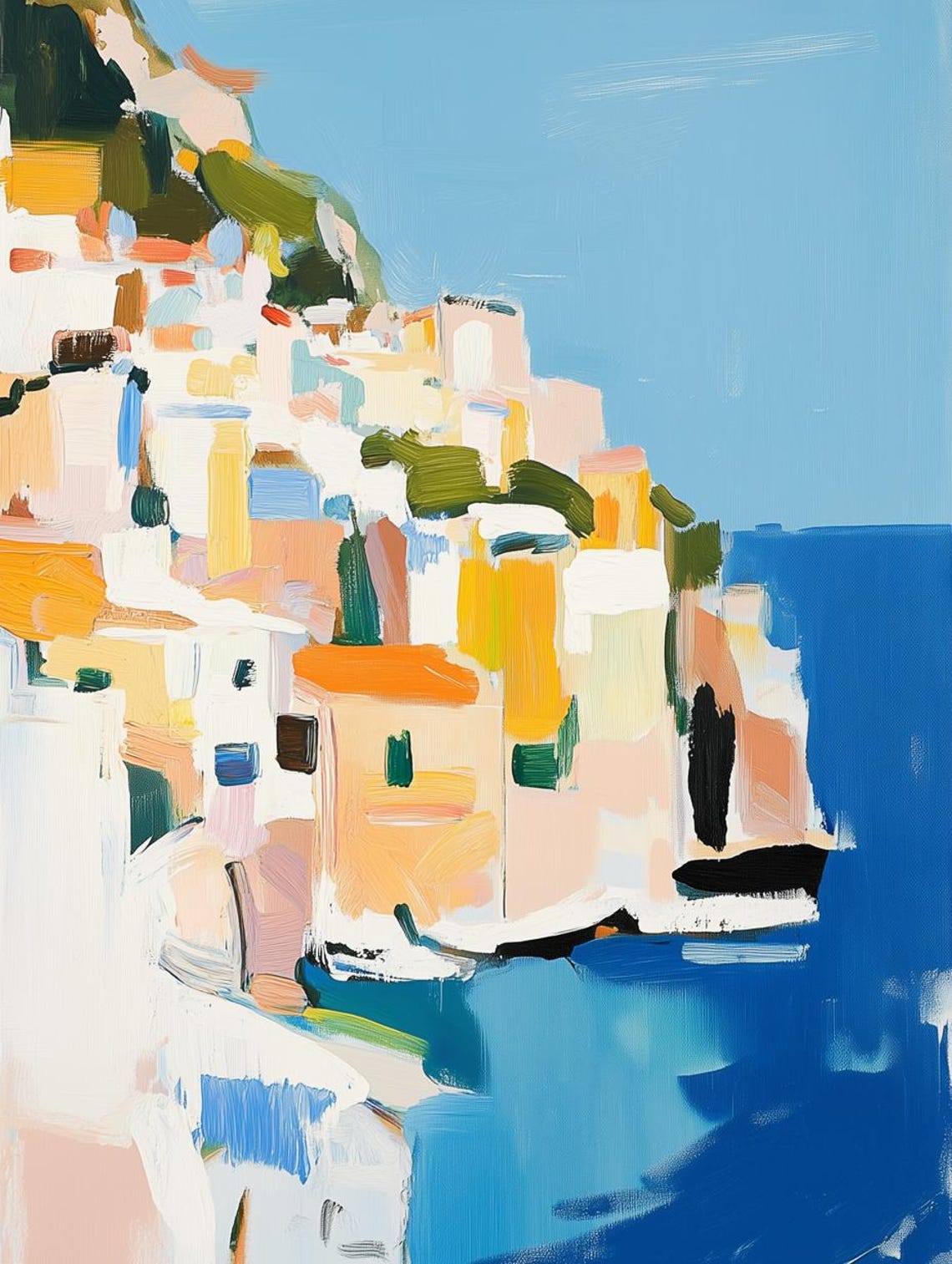 Impressionist Coastal Town On Cliffs Above A Sparkling Blue Sea Poster