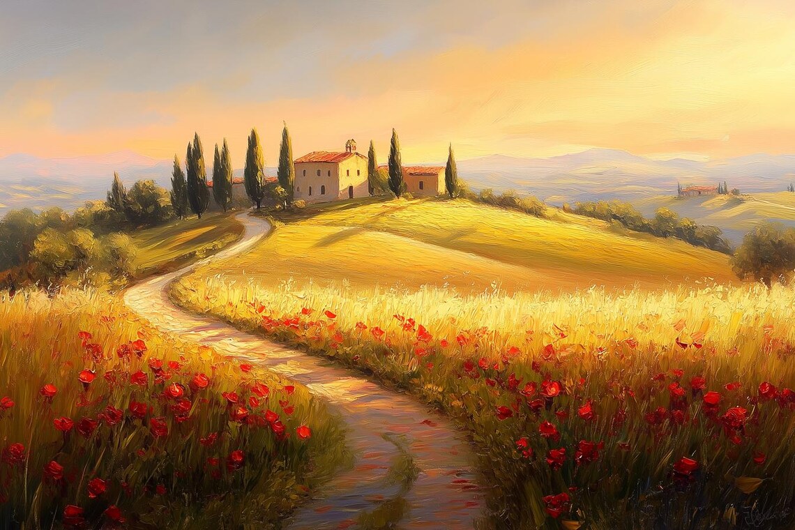 Golden Tuscan Hills with Red Poppies and Hilltop Villa Poster