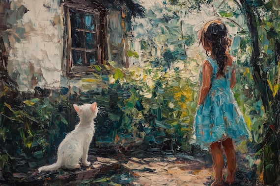 Young Girl in a Blue Dress With Her White Cat in a Garden Poster