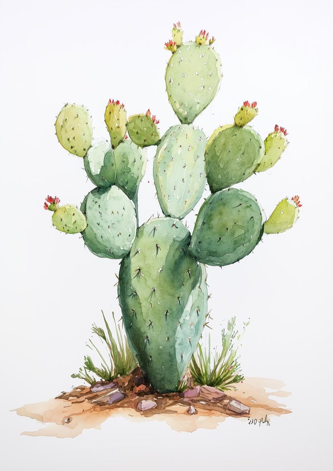 Prickly Pear Cactus Watercolor Botanical Illustration Poster