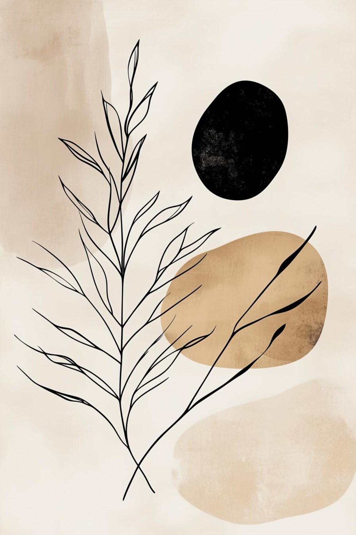 Minimalist Line Art Leafy Branch with Beige Organic Shapes Poster
