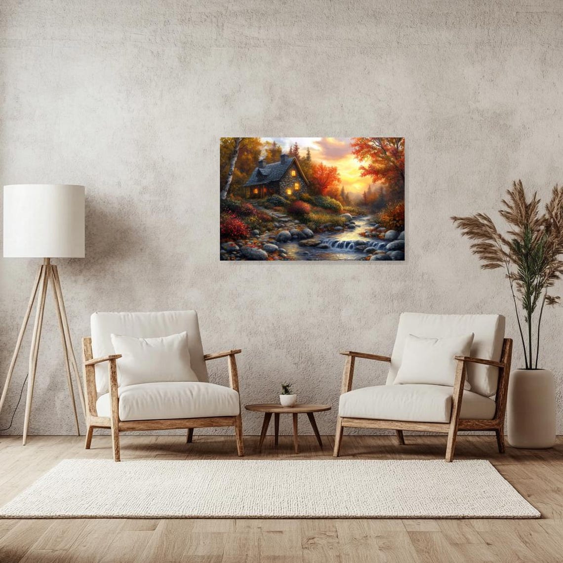 Charming Stone Cottage by a Stream in Autumn Sunset Glow Poster - Image 3