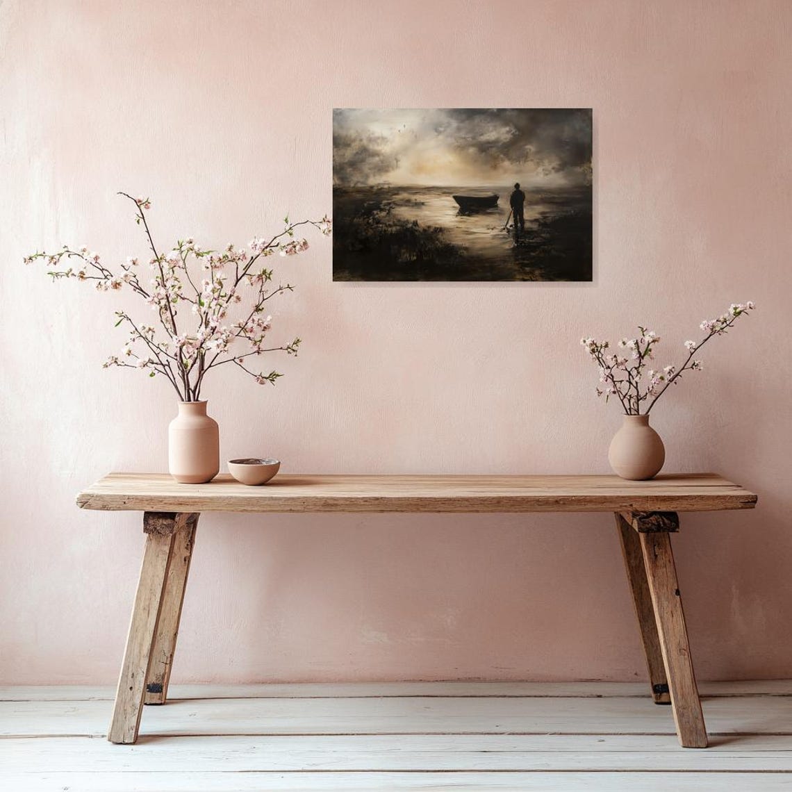 Moody Fisherman Silhouette Beside Boat in Dark Seascape Poster - Image 3