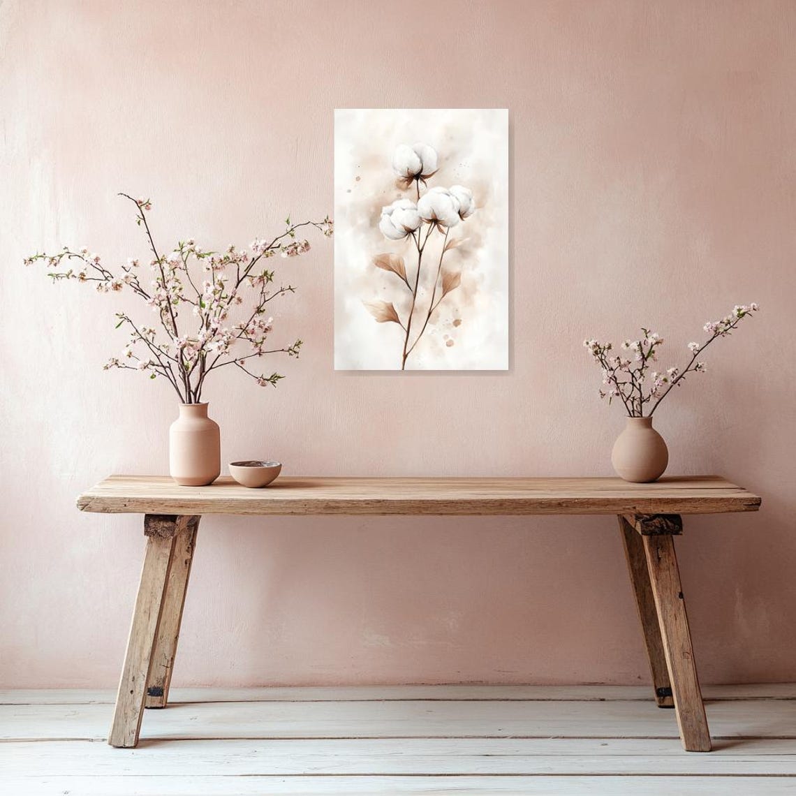 Minimalist Watercolor Cotton Flower Branches Neutral Tones Poster - Image 3