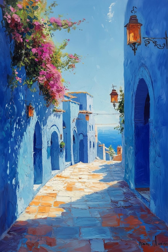 Bright Blue Mediterranean Alley with Bougainvillea and Sea Poster