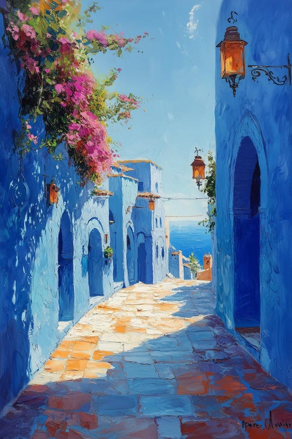 Custom Print Of Mediterranean Street In Bright Blues And Pink Bougainvillea Inspired By Claude Monet