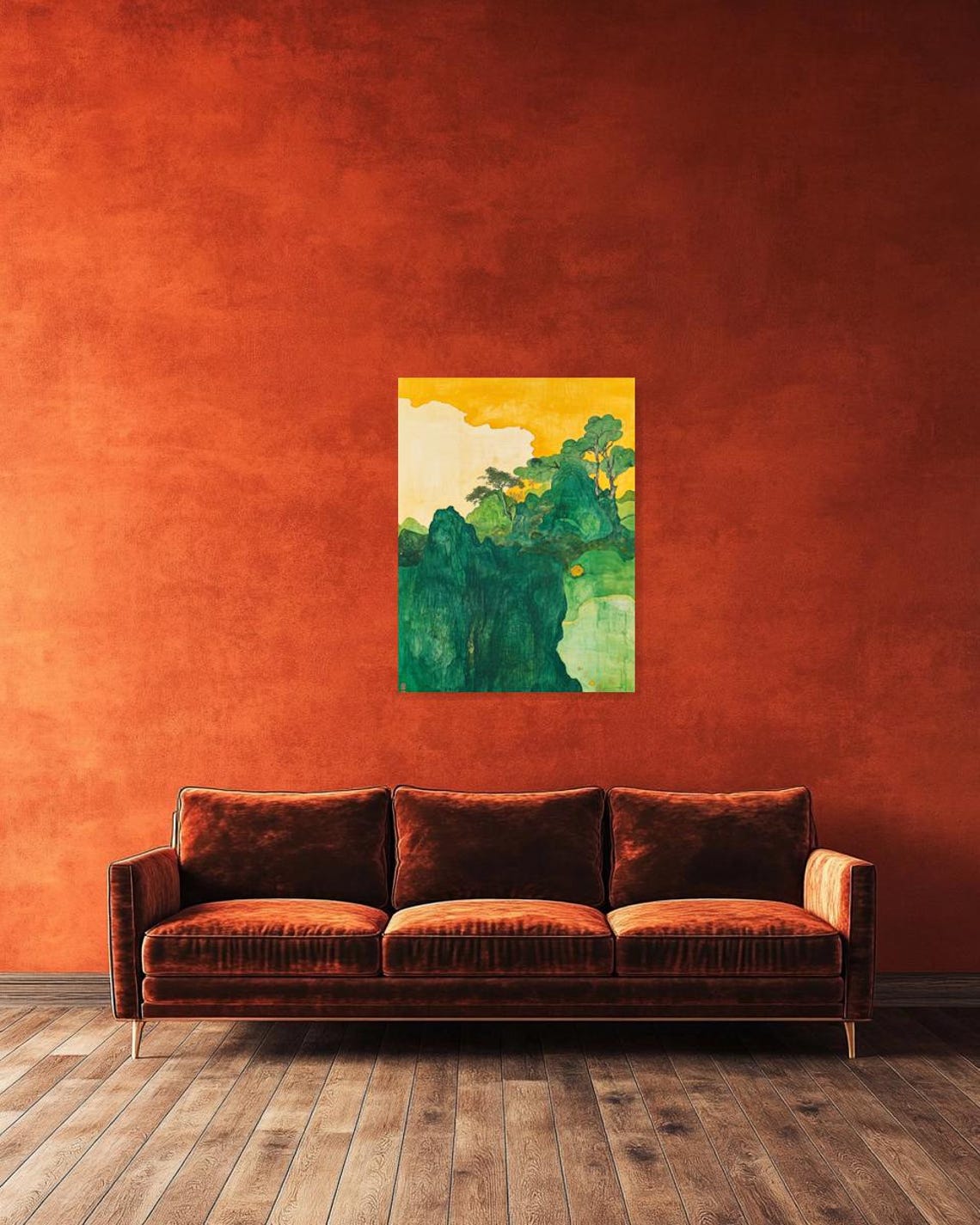 Emerald Mountain Peaks Beneath a Golden Sky Asian Landscape Poster - Image 3