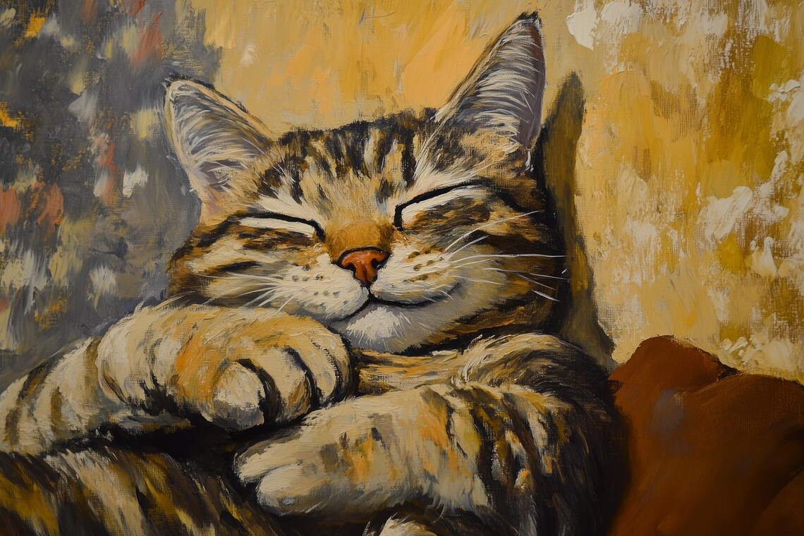 Charming Tabby Cat, Impressionist Style Art Print