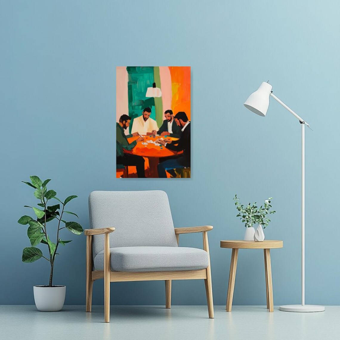 Modernist Poker Game Painting with Four Men at Orange Table Poster - Image 3