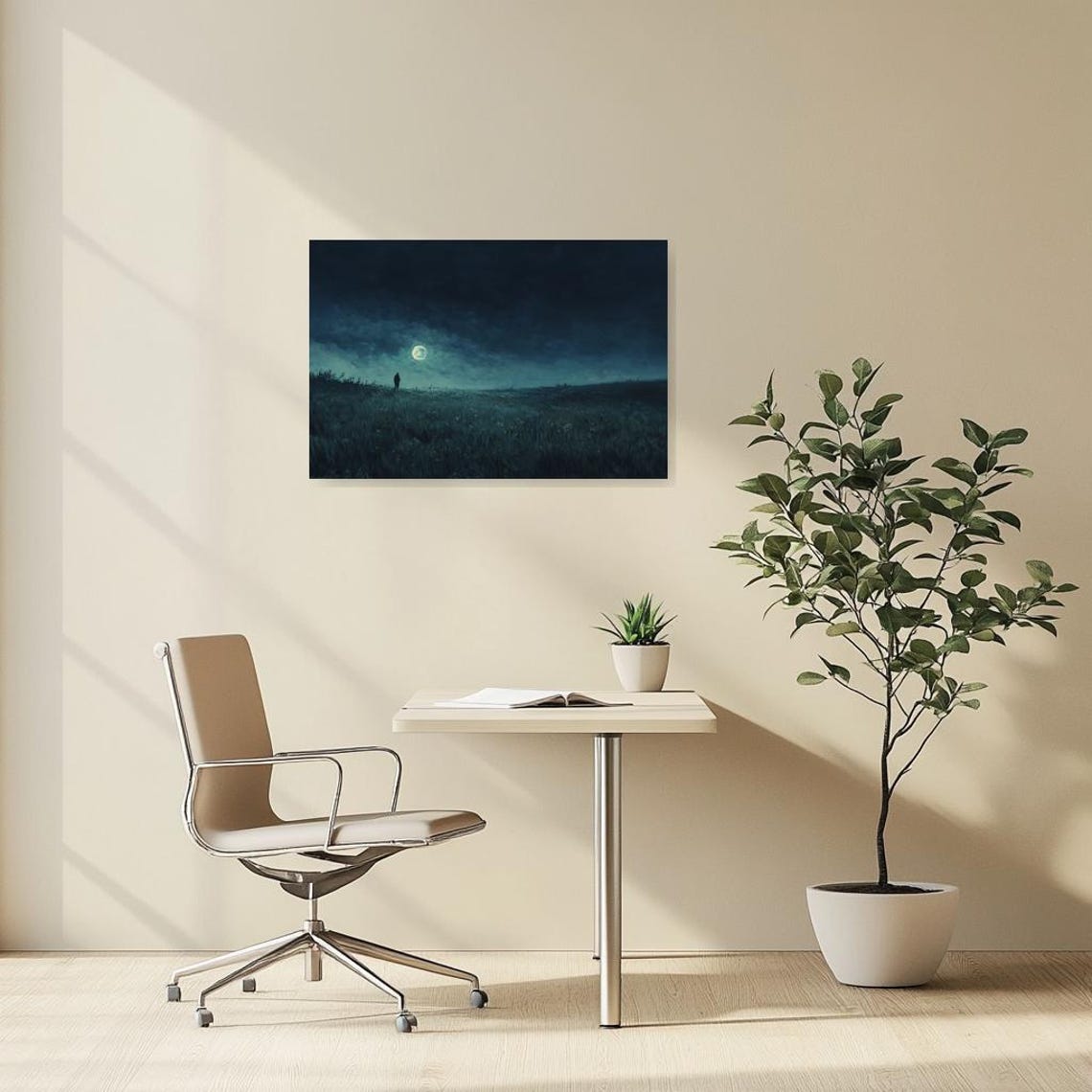 Solitary Figure Standing Under Moonlight on a Grassy Hill Poster - Image 2