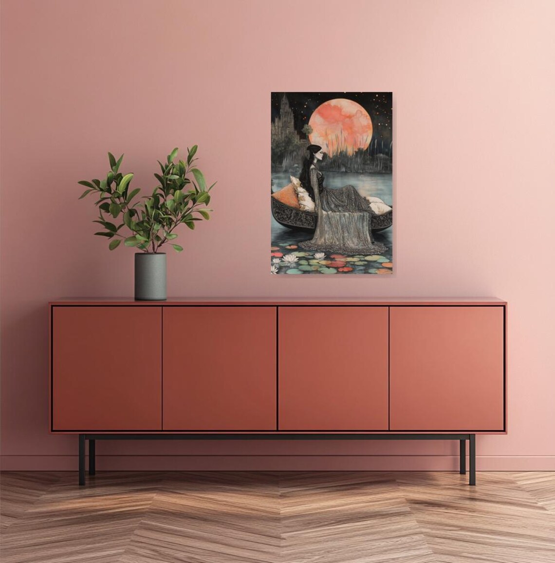 Elegant Woman in Gondola Under Giant Pink Moon Art Nouveau Poster - Image 3