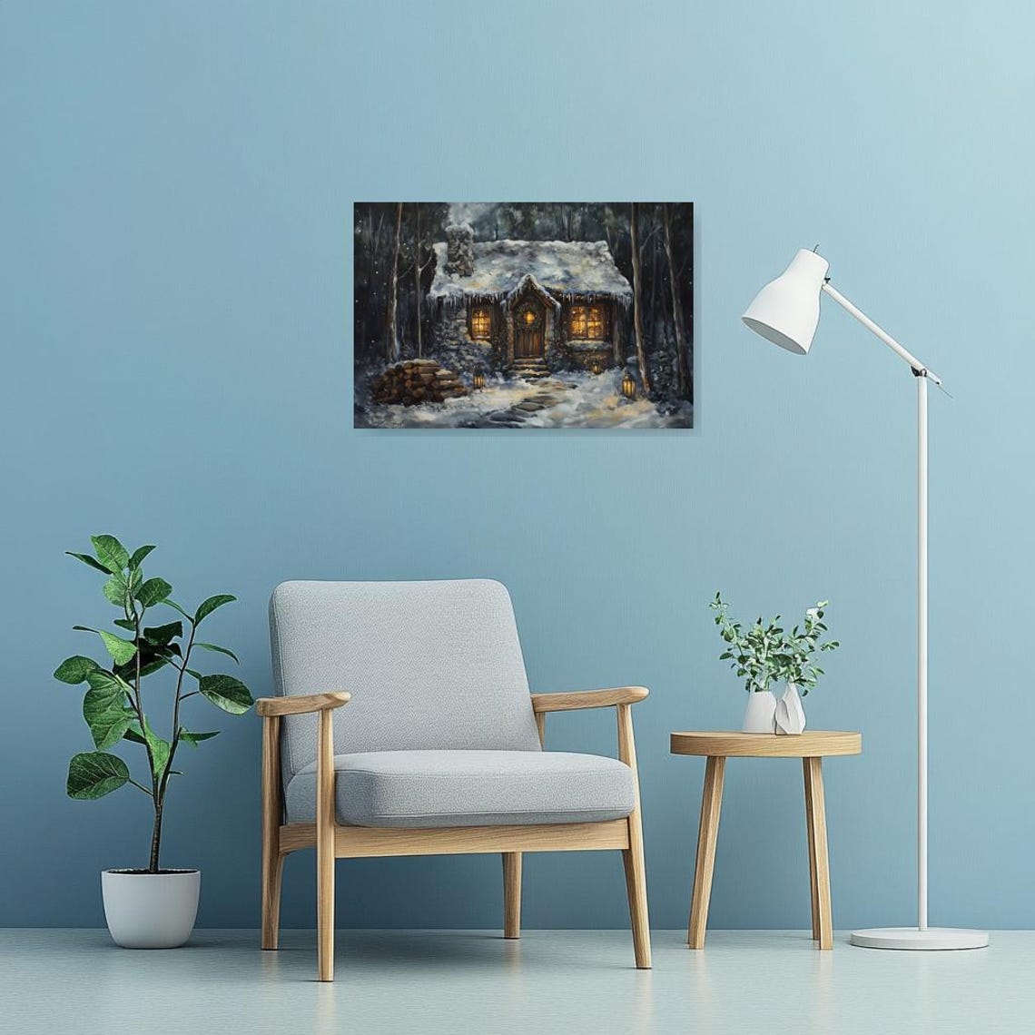 Snowy Stone Cabin Glowing Windows Dark Winter Night Hygge Poster - Image 2