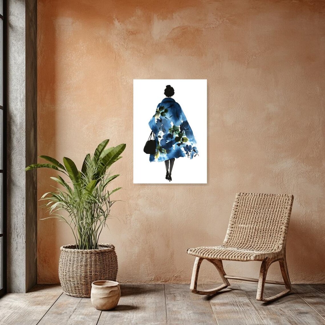 Woman in Blue Floral Coat Back View Fashion Watercolor Art Poster - Image 2