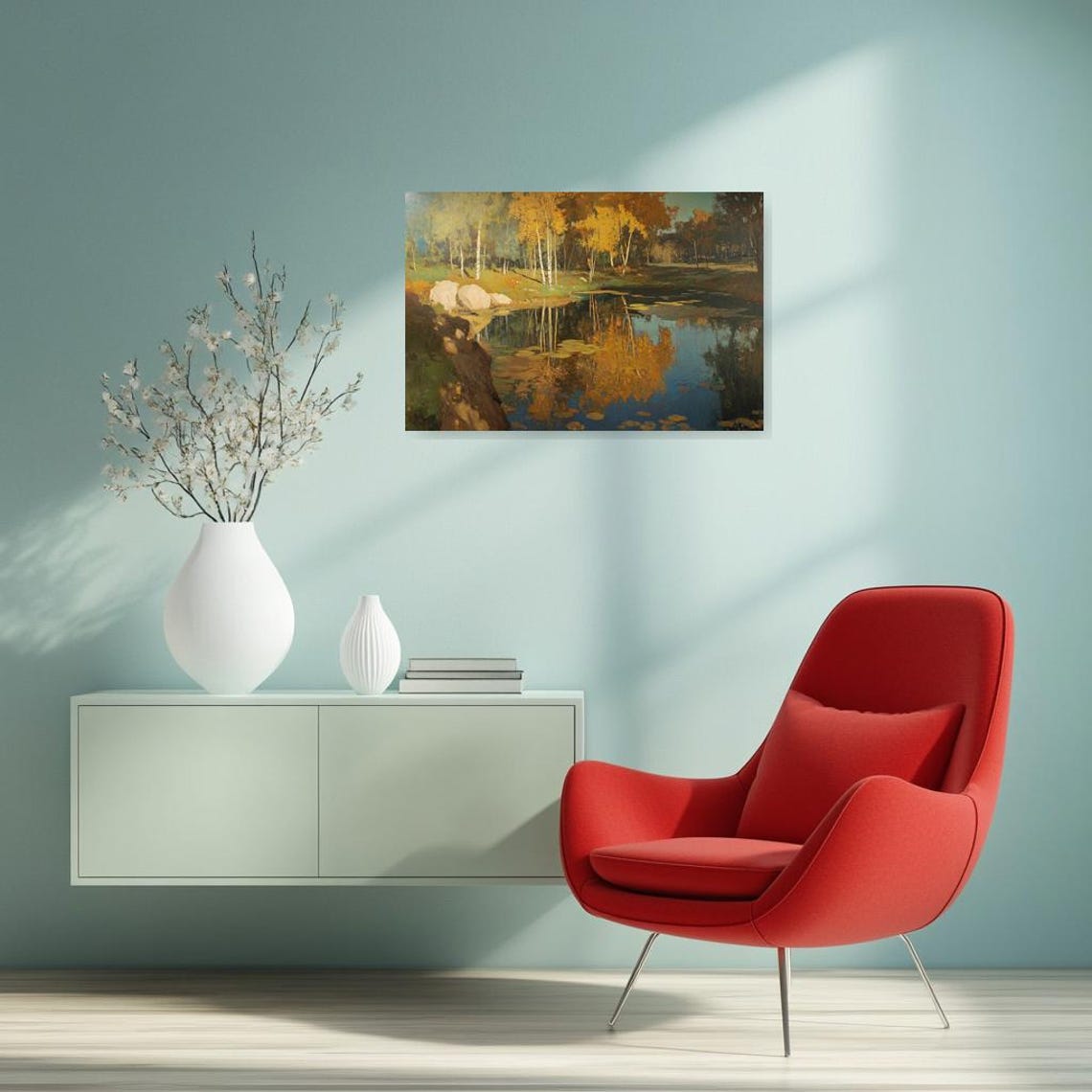 Autumn Reflections on a Birch Pond in Impressionist Style Poster - Image 2