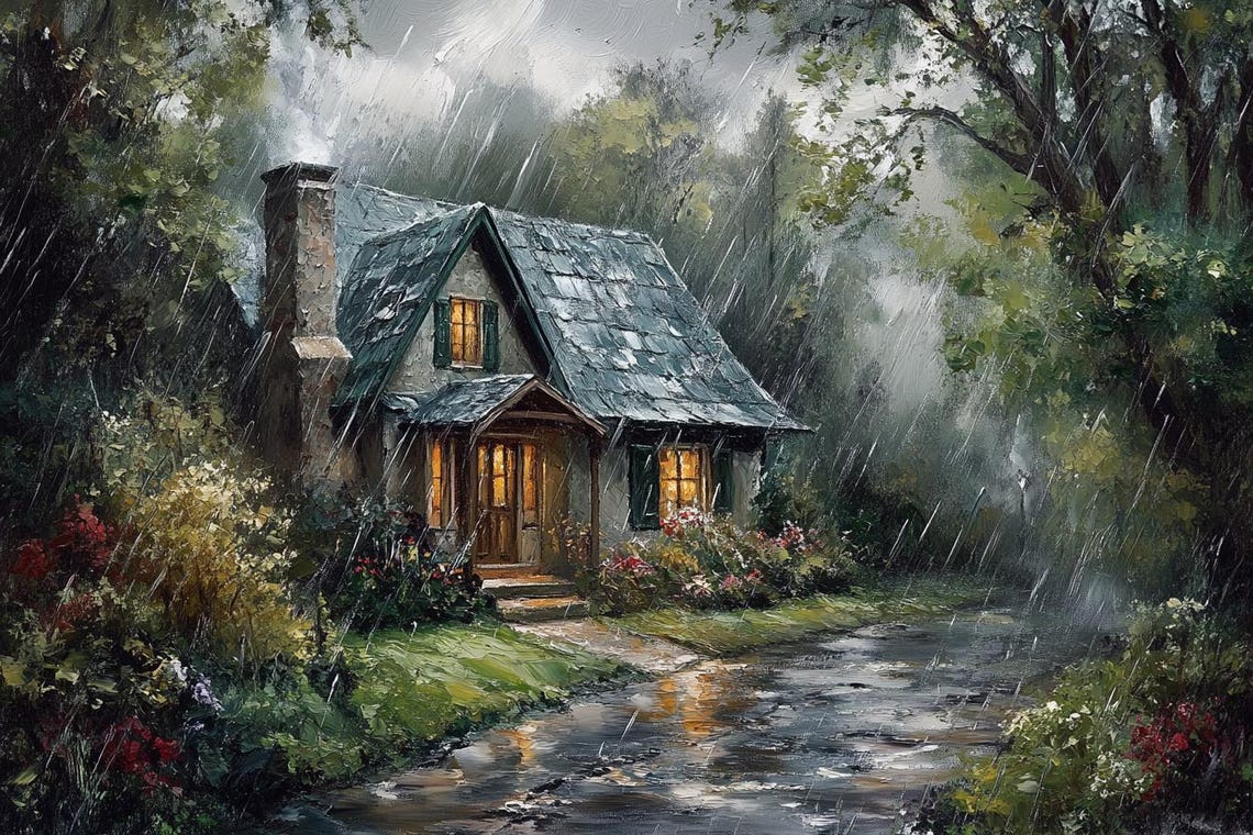Cozy Stone Cottage In Rainy Woods Warm Glowing Windows Night Poster