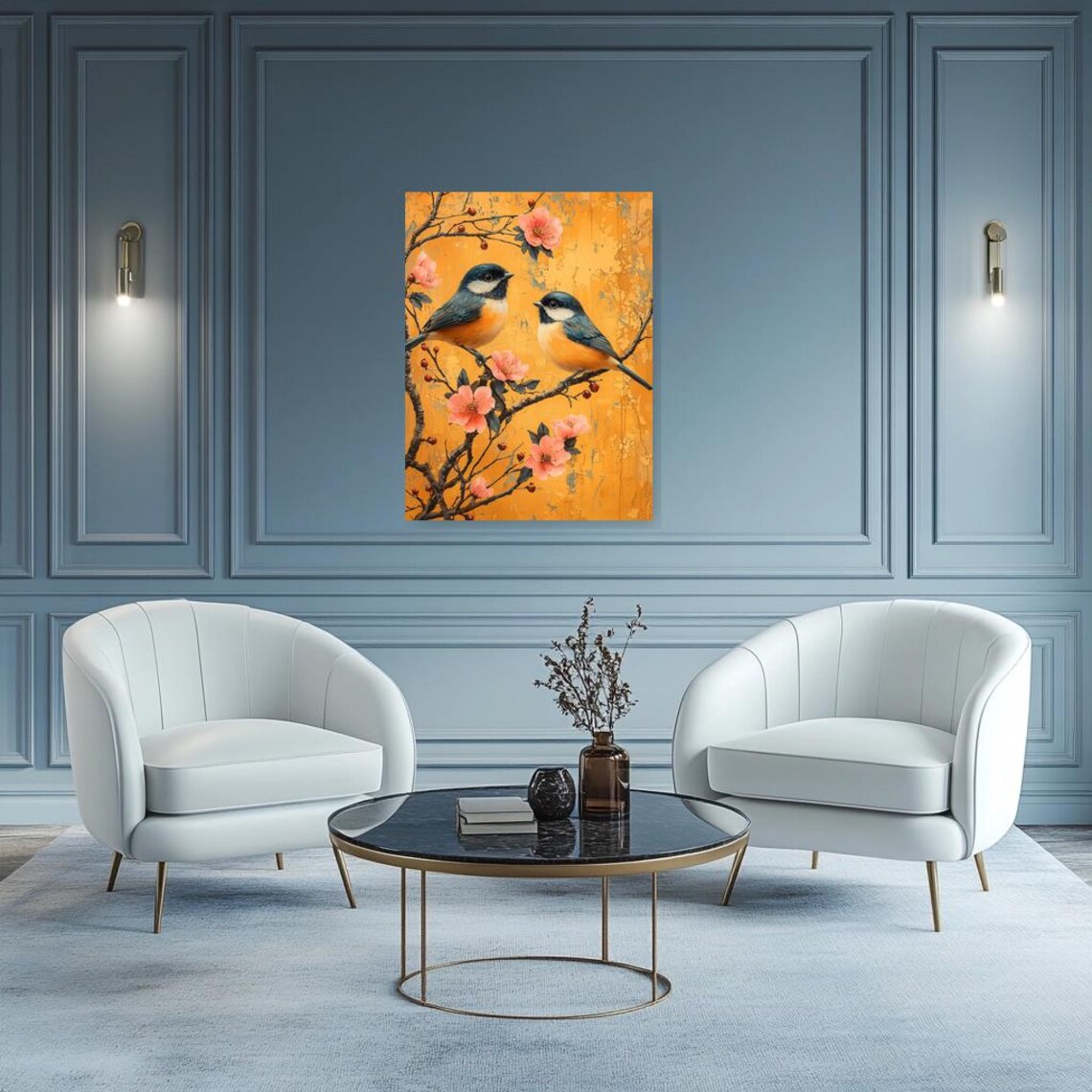 Two Blue Songbirds with Cherry Blossoms on a Golden Background Poster - Image 2