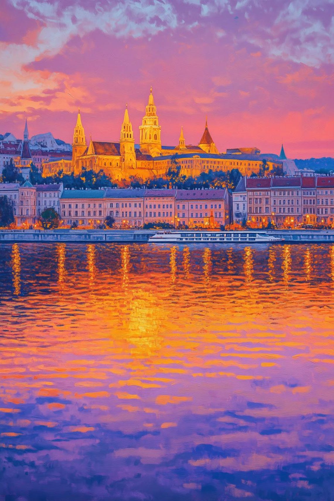 Glowing Golden Sunset Castle Riverside European Cityscape Poster