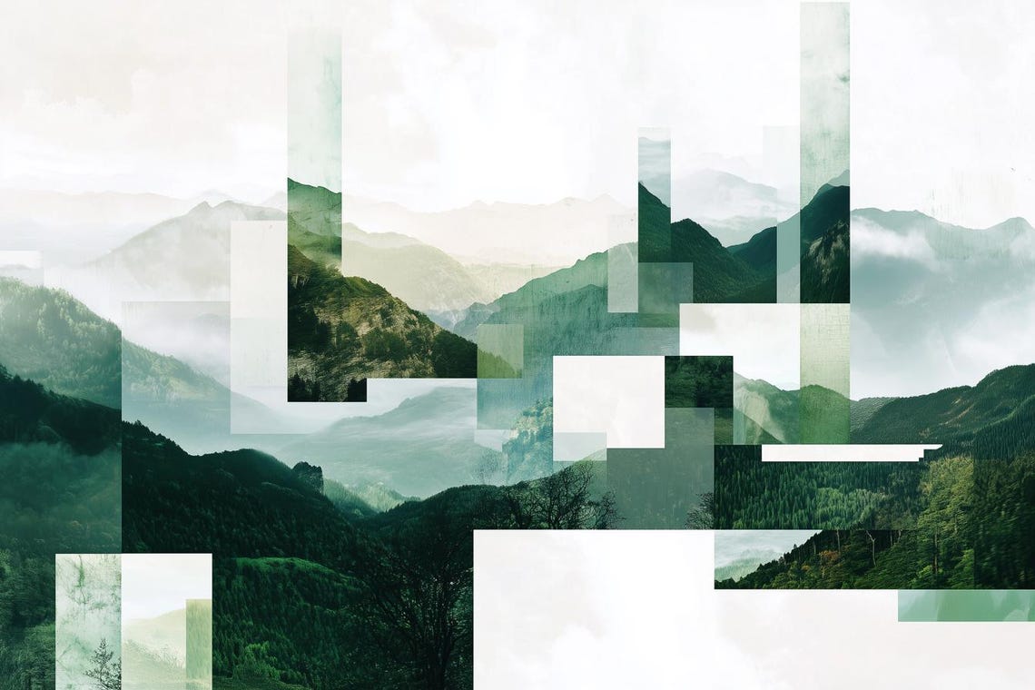 Mountain Landscape Abstract Print In Green Tones Inspired By Contemporary Artists For Unique Home Decor