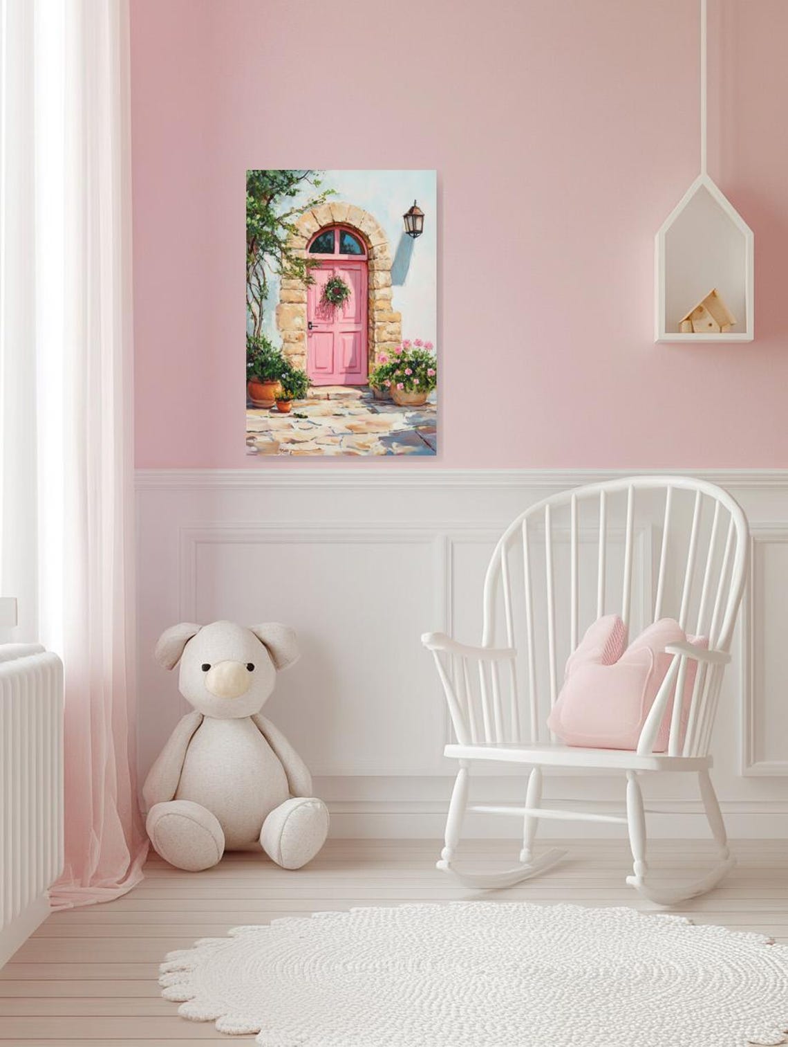 Pink Arched Door with Stone Frame and Blooming Flower Pots Poster - Image 3