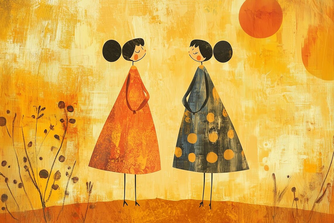Whimsical Sisters in Polka Dot Dresses Folk Art Illustration Poster