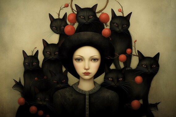 Pale Woman Surrounded by Black Cats Dark Surreal Whimsical Poster