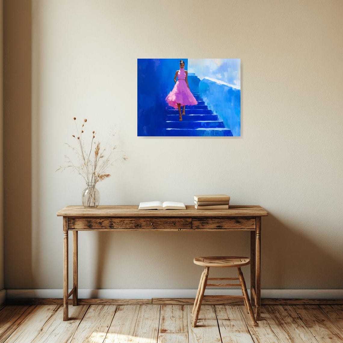 Woman in Pink Dress on Blue Santorini Stairs Impressionist Poster - Image 3