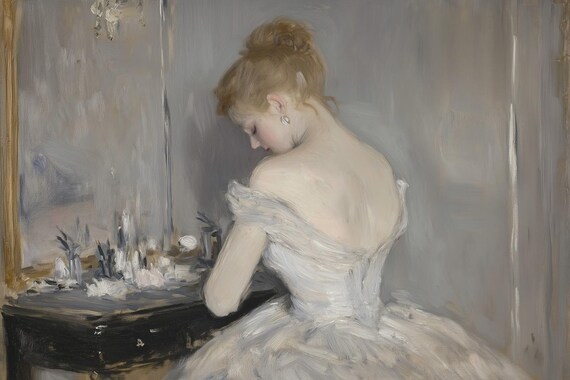 Impressionist Woman in White Dress at Her Vanity Mirror Poster
