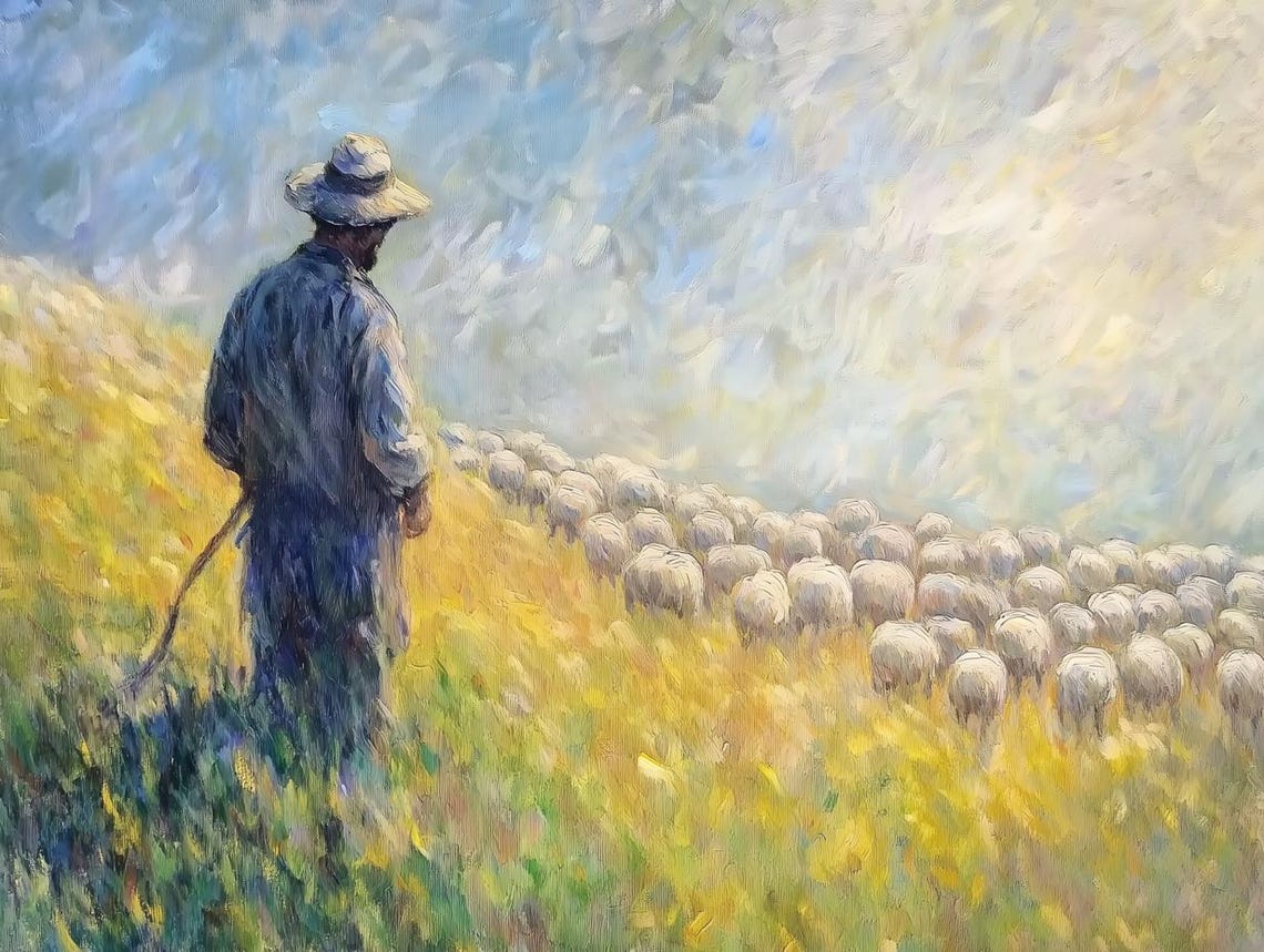 Shepherd Watching Sheep Flock In Golden Meadow Impressionist Poster