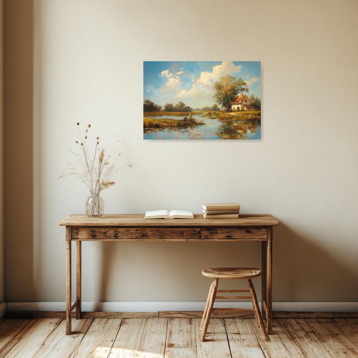 Serene Landscape, Vintage Cottage Reflection - Image 3