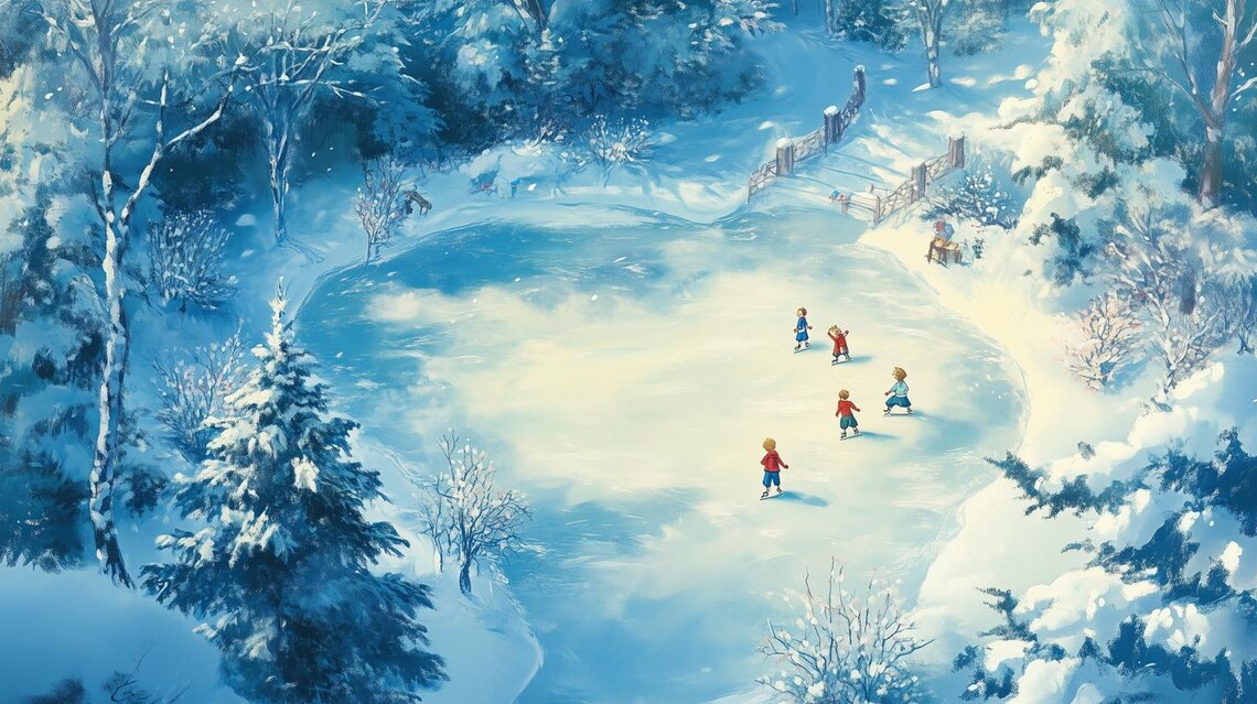 Children Ice Skating Frozen Pond Snowy Forest Winter Day Poster