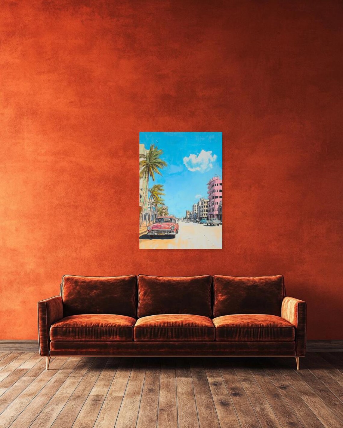 Vintage Red Classic Car on a Sunny Palm-Lined Street Scene Poster - Image 2