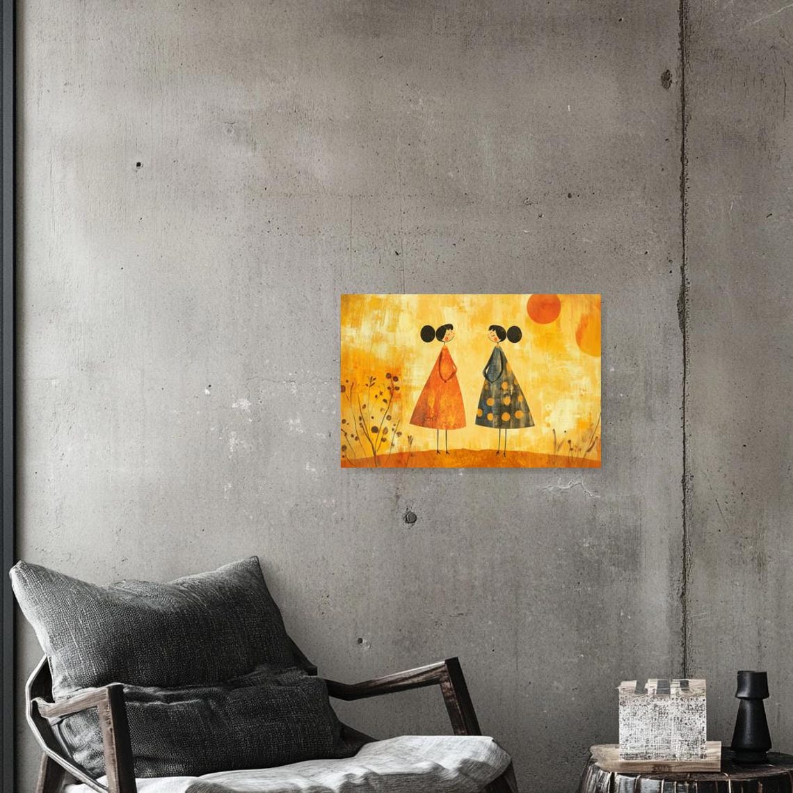 Whimsical Sisters in Polka Dot Dresses Folk Art Illustration Poster - Image 3