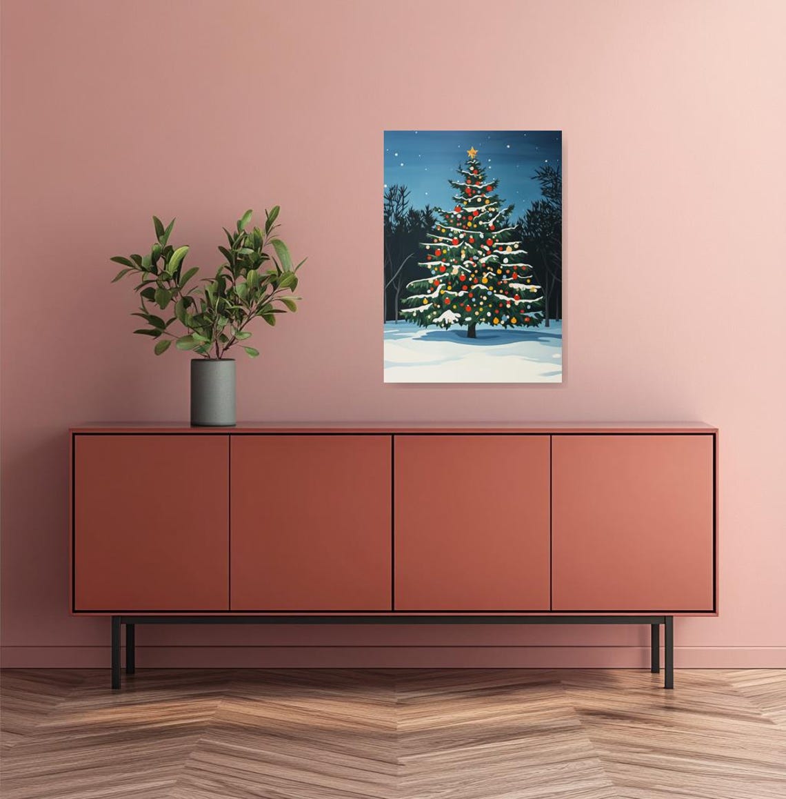 Snowy Outdoor Christmas Tree Under a Starry Night Sky Poster - Image 2
