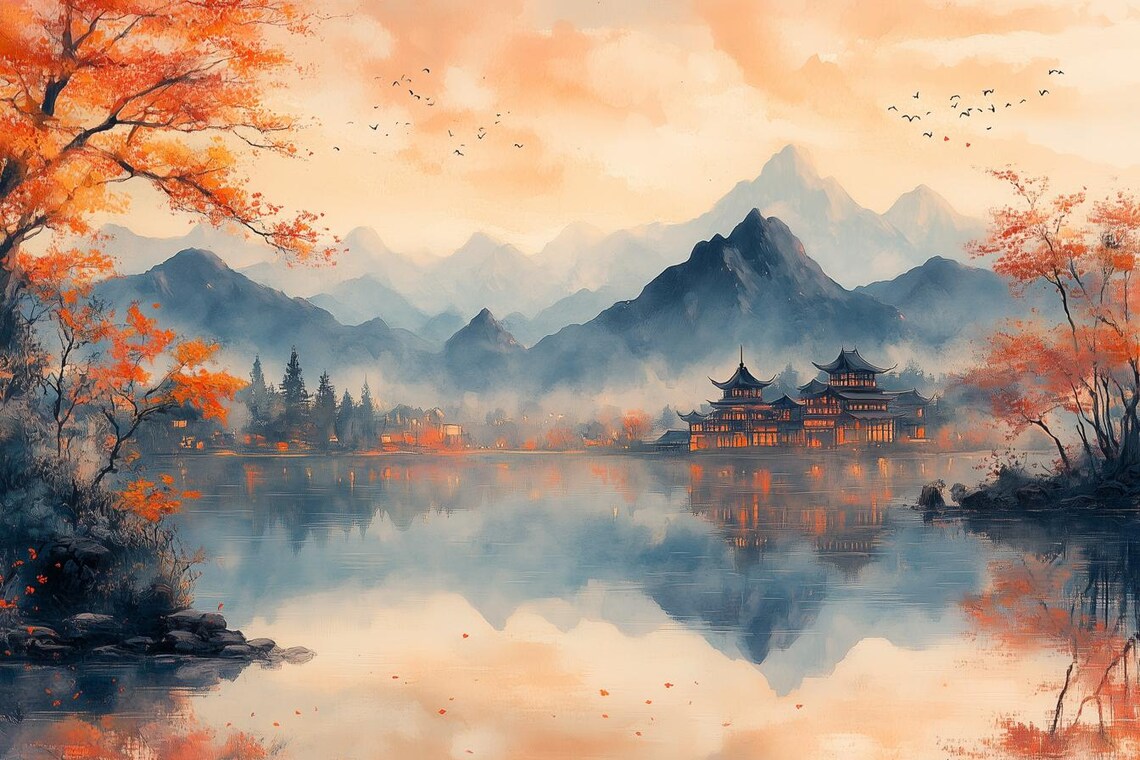 Autumn Lake Pagoda Misty Mountains Chinese Style Watercolor Poster