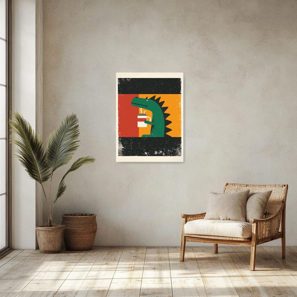 Green Dinosaur Drinking Coffee in Bold Retro Poster Style Poster - Image 3