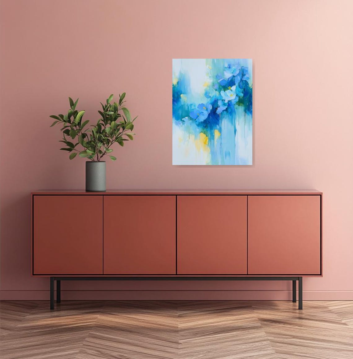 Blue Floral Abstract Blossoms with Soft Yellow Accents Poster - Image 2