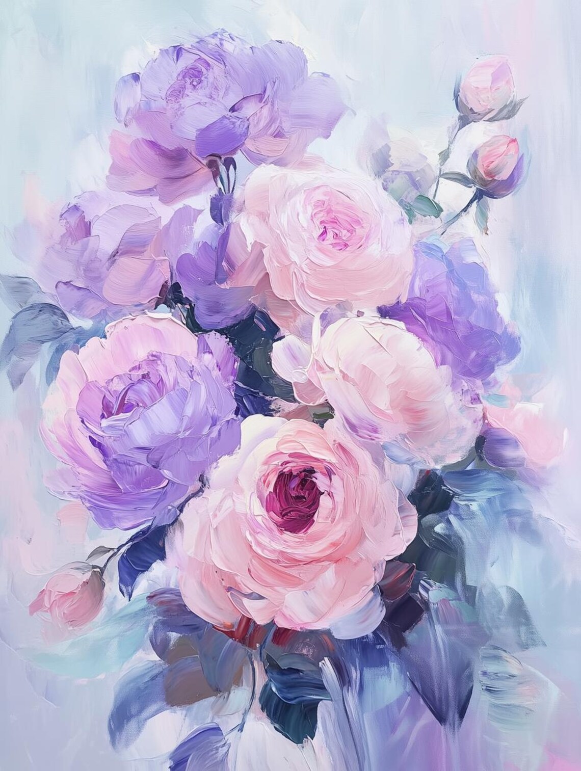 Pastel Pink and Purple Roses Impressionist Floral Bouquet Art Poster