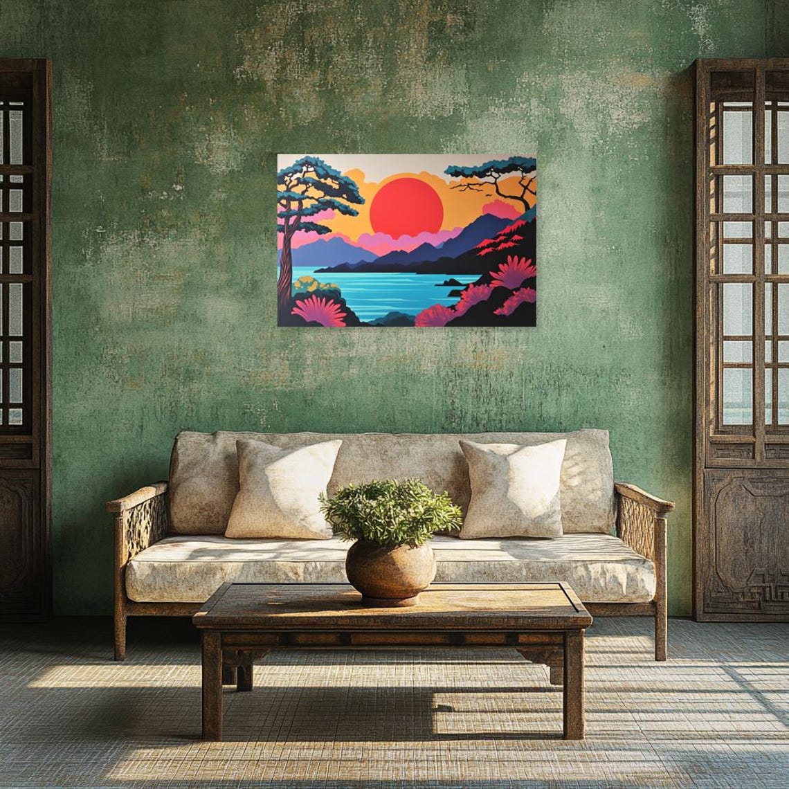 Japanese Sunset Red Sun Lake Mountain Pine Bold Style Art Poster - Image 3
