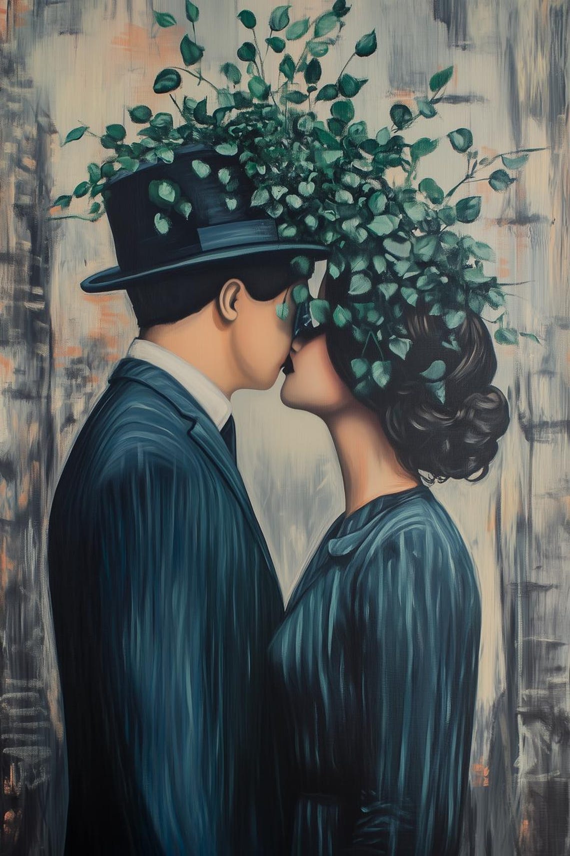 Surreal Kissing Couple with Leafy Top Hat Magritte Style Poster