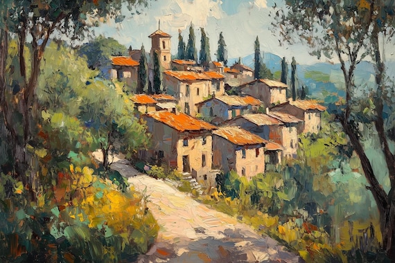 Hillside Village Cypress Trees Sunlit Impressionist Landscape Poster